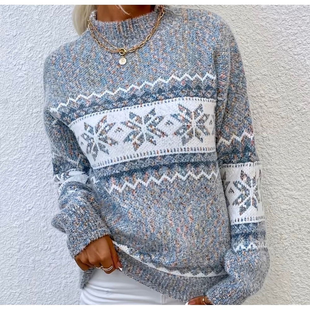 Women Fair Isle Snowflake Mock Neck Knit Sweater Blue Pink Marled Pullover Small